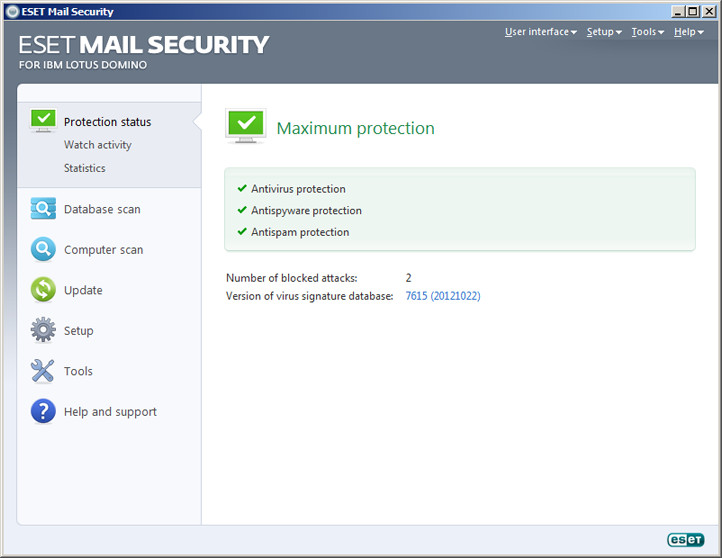 ESET Mail Security Domino Lotus Status