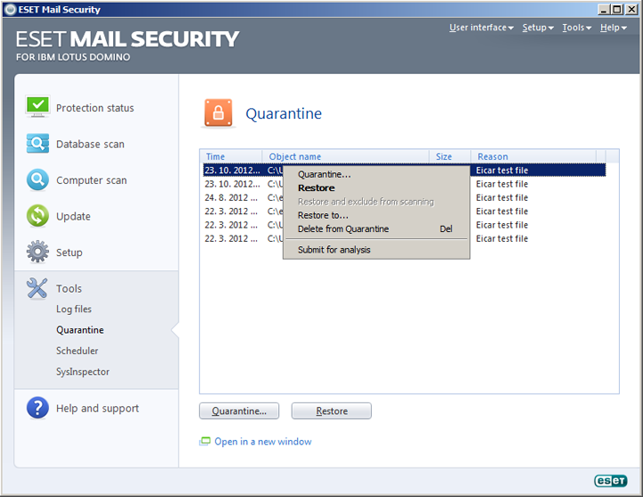 ESET Mail Security Domino Lotus Carantină