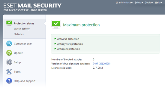 ESET Mail Security Exchange45 status protecție